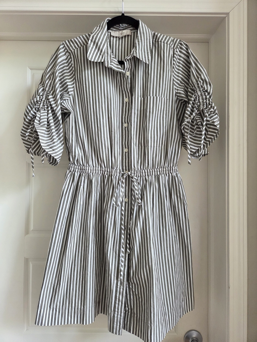 LOFT Grey and White Striped Cotton Dress